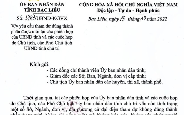 Chủ tịch tỉnh Bạc Liêu chỉ đạo chấn chỉnh người dự họp không đúng thành phần