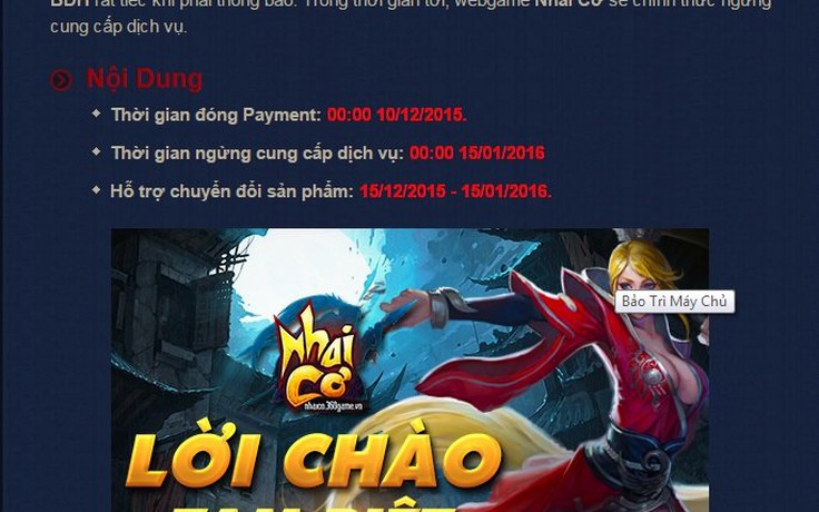 Webgame Nhai Cơ Tam Quốc của VNG bất ngờ thông báo đóng cửa